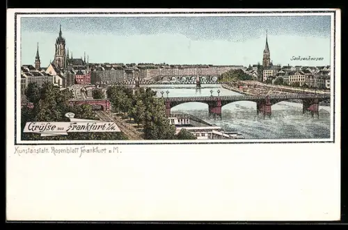 Lithographie Frankfurt a. M., Blick auf den Main mit Brücken, Stadtteil Sachsenhausen