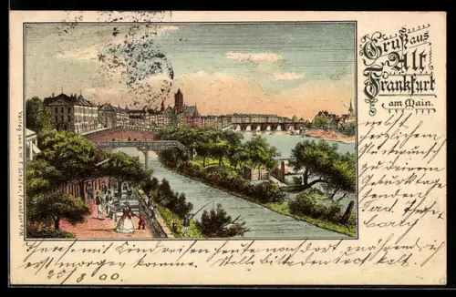 Lithographie Frankfurt am Main, Promenade am Mainufer mit Brücken