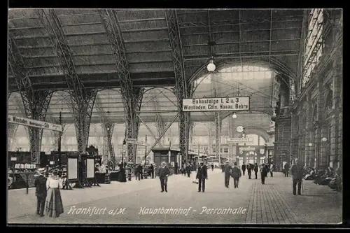 AK Frankfurt a.M., Perronhalle im Hauptbahnhof, Schild Bahnsteige 1, 2 und 3