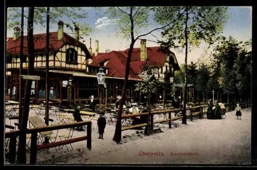 AK Chemnitz, Gasthaus Waldschenke mit Gästen
