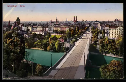 AK München, Teilansicht mit Brücke und Strassenbahn