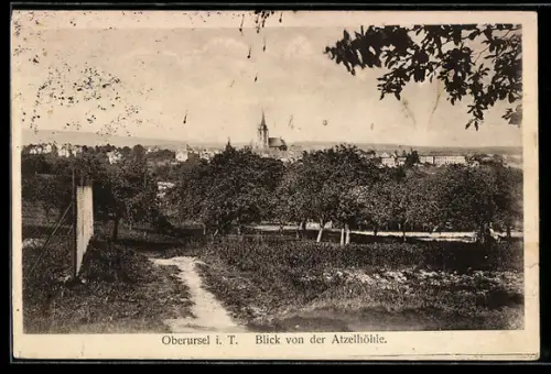 AK Oberursel i. T., Blick von der Atzelhöhe mit Kirche