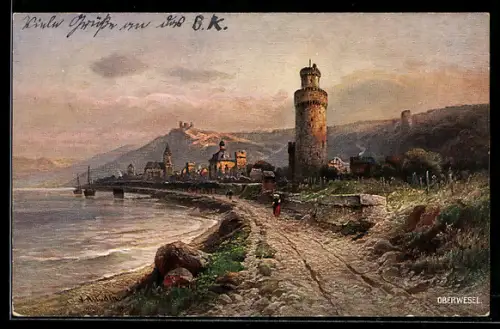Künstler-AK Oberwesel, Ortsansicht mit Türmen und Stadtmauer am Rhein