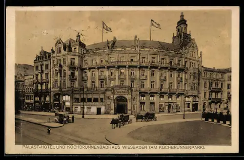 AK Wiesbaden, Palast-Hotel und Kochbrunnenbadhaus am Kochbrunnenpark