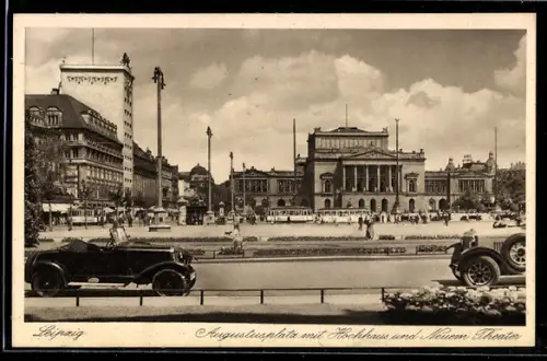 AK Leipzig, Augustusplatz mit Hochhaus, Neuem Theater und Strassenbahn