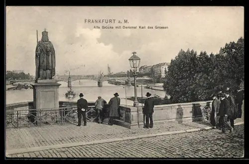 AK Frankfurt, Alte Brücke mit Denkmal Karl des Grossen
