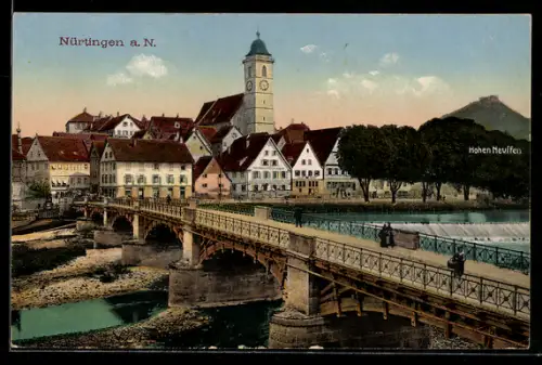 AK Nürtingen a. N., Teilansicht mit Kirche und Hohen Neuffen
