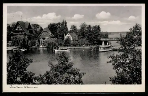 AK Berlin-Wannsee, Uferpartie mit Dampfboot