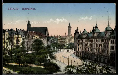 AK Leipzig, Partie am Thomasring m. Strassenbahn