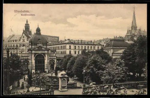 AK Wiesbaden, Kochbrunnen mit Hotel Engel & Schwan und Kirche