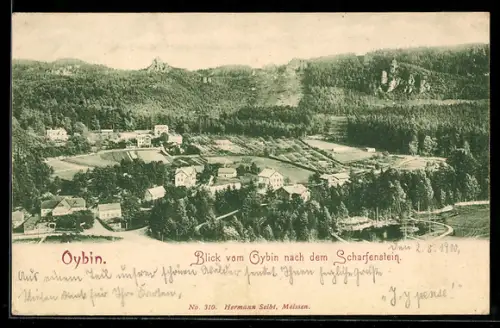 AK Oybin, Blick vom Oybin nach dem Scharfenstein