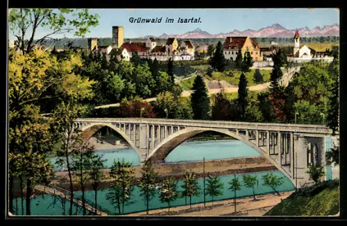 AK Grünwald /Isartal, Ortsansicht mit Brücke