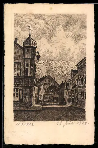 Künstler-AK Murnau, Strassenszene mit Bergen im Hintergrund