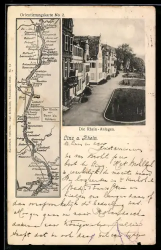 AK Linz a. Rhein, Rhein-Anlagen, Orientierungskarte Bonn bis Koblenz