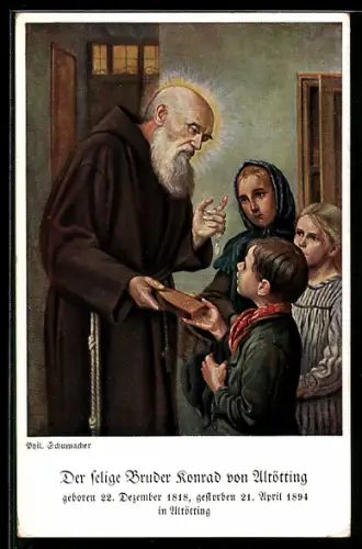 Künstler-AK Altötting, Der selige Bruder Konrad von Altötting mit Kindern