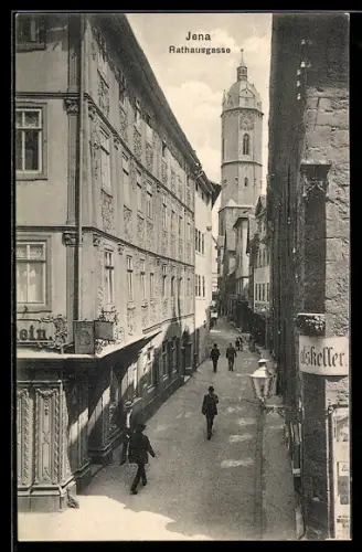 AK Jena, Rathausgasse, Blick auf den Rathausturm