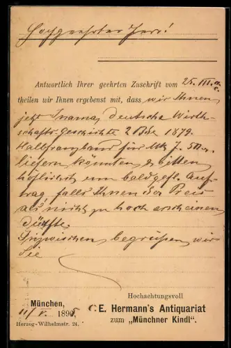 AK München, Korrespondenzkarte E. Hermann`s Antiquariat zum Münchner Kindl