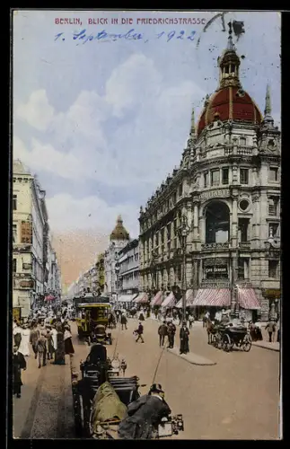 AK Berlin, Blick in die Friedrichstrasse, Strassenszene, Café Bauer