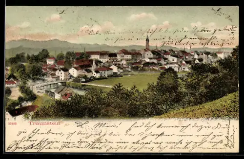 AK Traunstein, Ortsansicht mit Brücke und Kirche