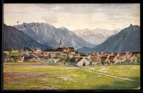 Künstler-AK Murnau, Ortsansicht mit Kirche und Bergpanorama