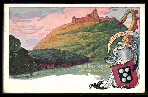 Künstler-AK Hohkönigsburg, Blick von Süd-Ost, Wappen des Adelsgeschlechts v. Sickingen