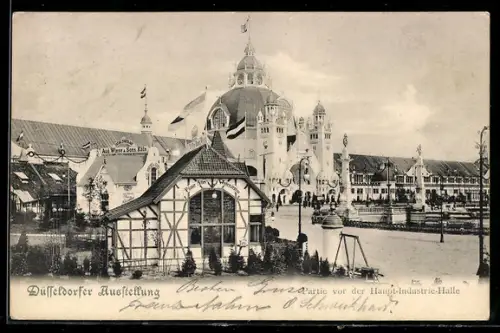 AK Düsseldorf, Ausstellung, Partie vor der Hauptindustriehalle