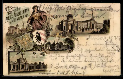Lithographie Nürnberg, Bayerische Landesausstellung 1896, Armee-Museum, West-Colonade