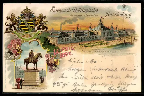 Lithographie Leipzig, Sächs.-Thür. Industrie & Gewerbe-Ausstellung 1897, Haupthalle, Reiterstandbild König Albert