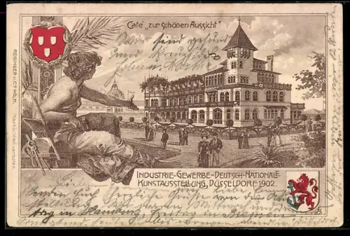 AK Düsseldorf, Industrie-, Gewerbe- und Kunst-Ausstellung 1902, Cafe zur schönen Aussicht, Muse mit Hammer, Wappen