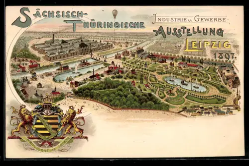 Lithographie Leipzig, Sächs.-Thür. Industrie- & Gewerbe-Ausstellung 1897, Panorama, Wappen