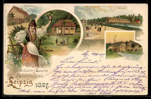 Lithographie Leipzig, sächsisch-thüringische Industrie & Gewerbe Ausstellung 1897, Ansichten aus dem Dorf, Brücke