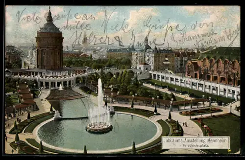 AK Mannheim, Friedrichsplatz mit Brunnen, Jubiläums-Ausstellung 1907