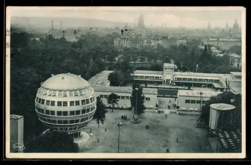 AK Dresden, Jahresschau Deutscher Arbeit, Teilgelände mit Kugelhaus, Art Deco