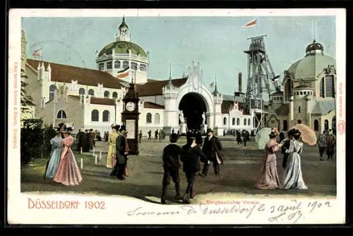 AK Düsseldorf, Industrie- & Gewerbe-Ausstellung 1902, Teilansicht mit Bergbaulichem Verein