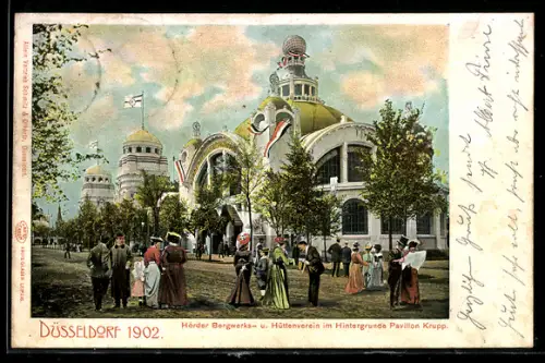 AK Düsseldorf, Industrie- und Gewerbe-Ausstellung 1902, Hörder Bergwerks- und Hüttenverein im Hintergrunde Pavillon Krup