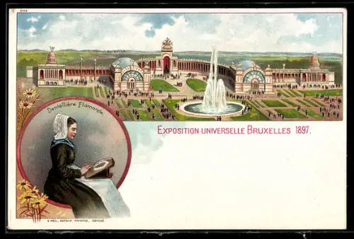 Lithographie Bruxelles, Exposition Universelle 1897, Dentelliere Flamande, Ausstellungsgelände