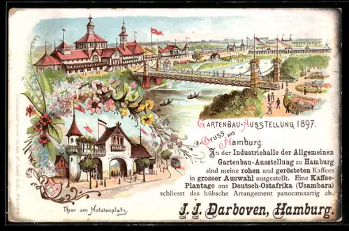 Lithographie Hamburg, Gartenbau-Ausstellung 1897, Thor am Holstenplatz, k J. J. Darboven Kaffee