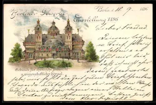 Lithographie Berlin, Gewerbe-Ausstellung 1896, Gebäude für chemische Industrie & wissenschaftl. Hörsaal