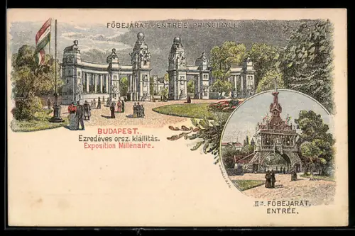 Künstler-AK Budapest, Exposition Millénaire, Föbejárat Entrée Principale, II. Föbejárat Entrée, Ausstellung