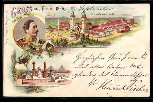 Lithographie Berlin, Berliner Gewerbe Ausstellung 1896, Haupt-Ausstellungs-Gebäude, Kairo