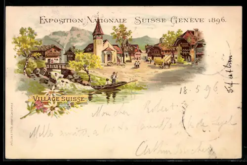 Lithographie Geneve, Exposition Nationale Suisse 1896, Village Suisse, Schweizer Dorf