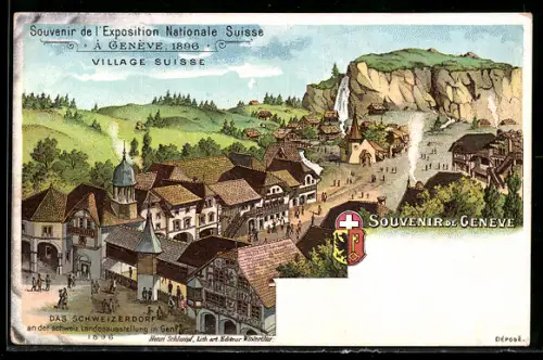 Lithographie Geneve, Exposition Nationale Suisse 1896, Village Suisse