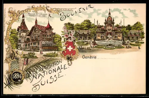 Lithographie Genève, Exposition Nationale Suisse 1896, Pavillon de l`Industrie Hotelière Suisse, Wappen