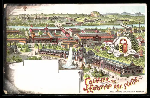 Lithographie Genève, Exposition Nationale Suisse 1896, Ballon über dem Ausstellungsgelände, Wappen