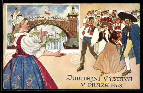 AK Prag, Jubilejni Vystava 1908, Ausstellung, Frau begrüsst Gäste