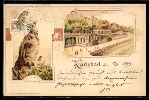 Lithographie Karlsbad, Mühlbrunnen-Colonnade, Hirsch-Sprung
