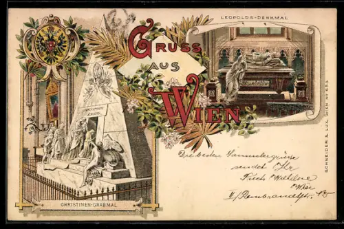 Lithographie Wien, Christinen-Grabmal und Leopolds-Denkmal