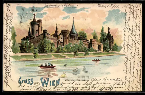 Lithographie Laxenburg, Blick zur Burg, Boote, Schwäne