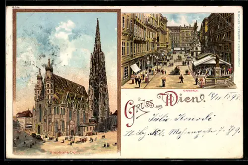 Lithographie Wien, Am Stephans Dom, Blick in den Graben