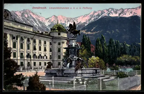AK Innsbruck, Leopoldsbrunnen u. k. u. k. Hofburg